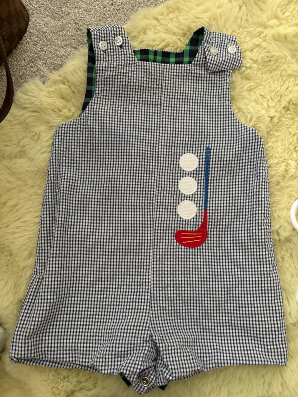 Reversible! Blue Gingham Romper with Golf Appliqué & alligator!
